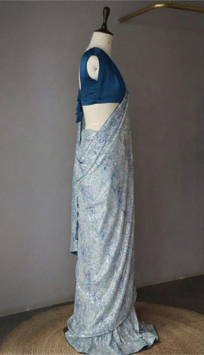 Pastel Blue Georgette Digital Print Saree with Full Sequins Border