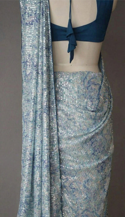 Pastel Blue Georgette Digital Print Saree with Full Sequins Border