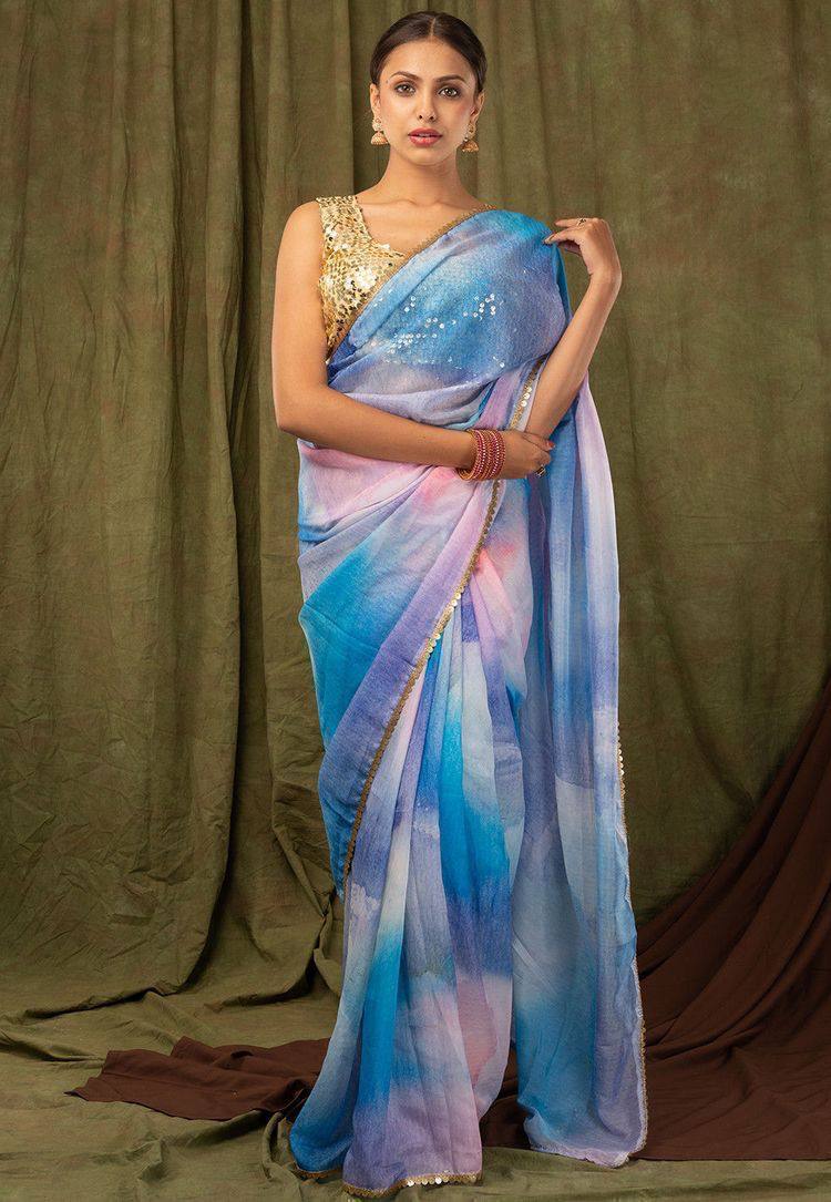 Pastel Blue Pure Khadi Organza Saree with Golden Banglori Blouse