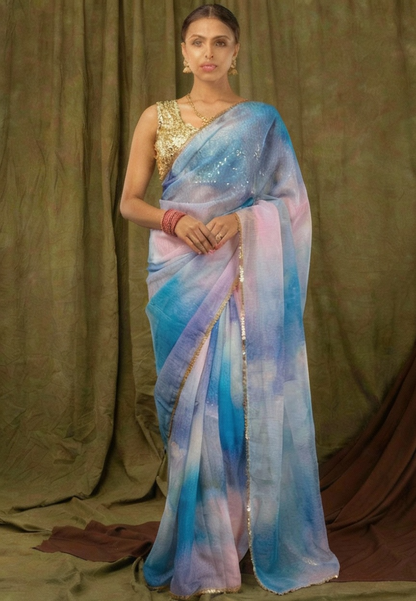 Pastel Blue Pure Khadi Organza Saree with Golden Banglori Blouse
