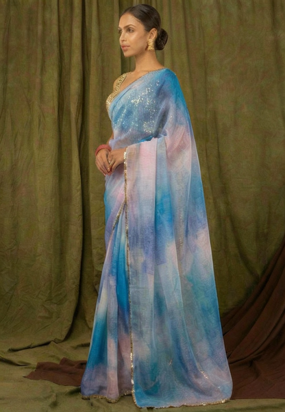 Pastel Blue Pure Khadi Organza Saree with Golden Banglori Blouse