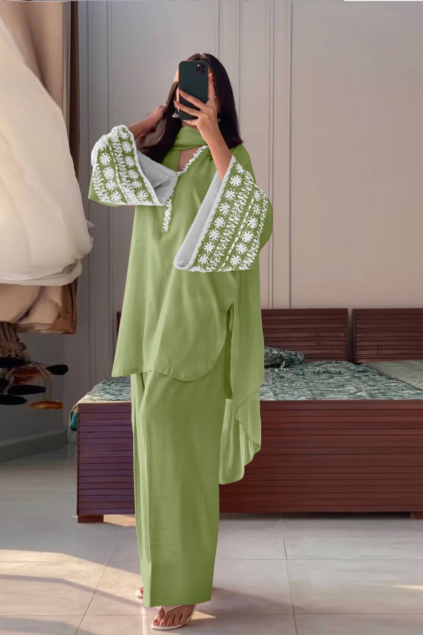 Pastel Green Designer Natural Satin Farshi Plazzo and Dupatta For Party Wear