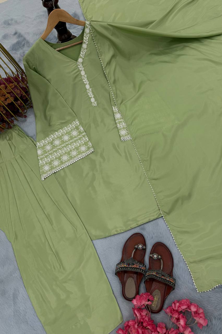 Pastel Green Designer Natural Satin Farshi Plazzo and Dupatta For Party Wear