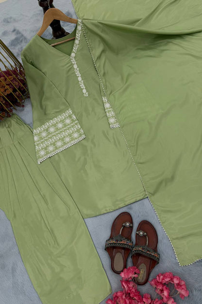 Pastel Green Designer Natural Satin Farshi Plazzo and Dupatta For Party Wear