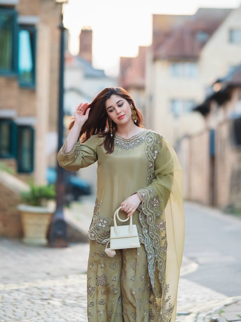 Pastel Green French Crepe Silk Top Bottom and Dupatta For Party Wear