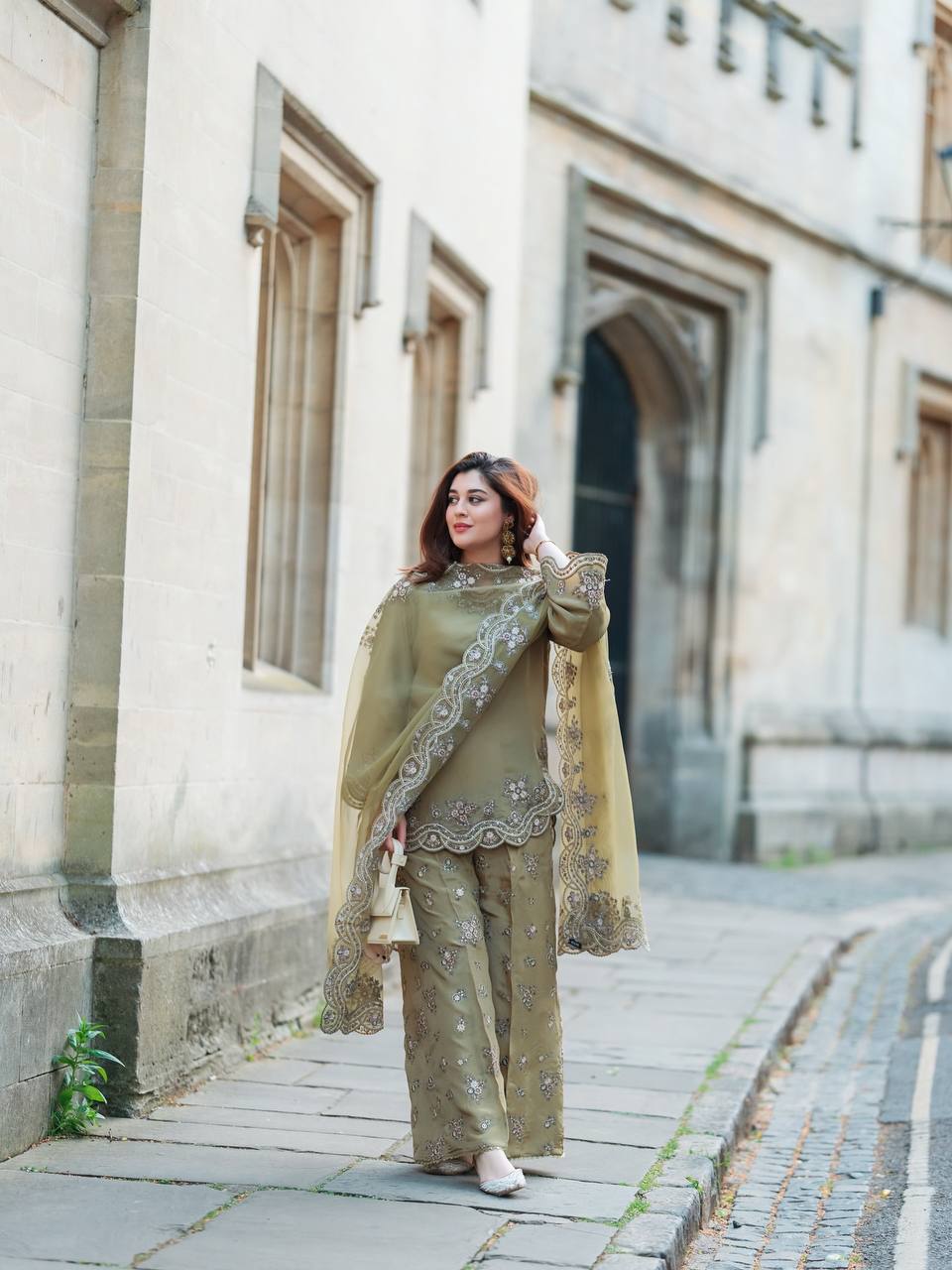 Pastel Green French Crepe Silk Top Bottom and Dupatta For Party Wear