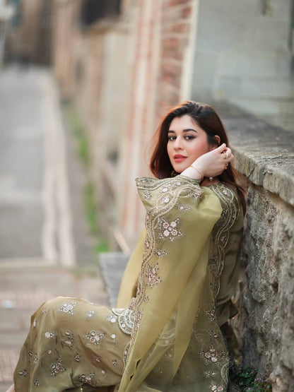 Pastel Green French Crepe Silk Top Bottom and Dupatta For Party Wear
