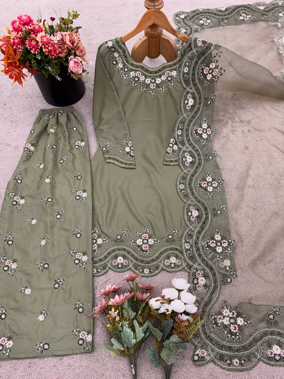 Pastel Green French Crepe Silk Top Bottom and Dupatta For Party Wear