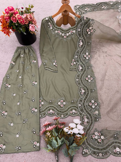 Pastel Green French Crepe Silk Top Bottom and Dupatta For Party Wear