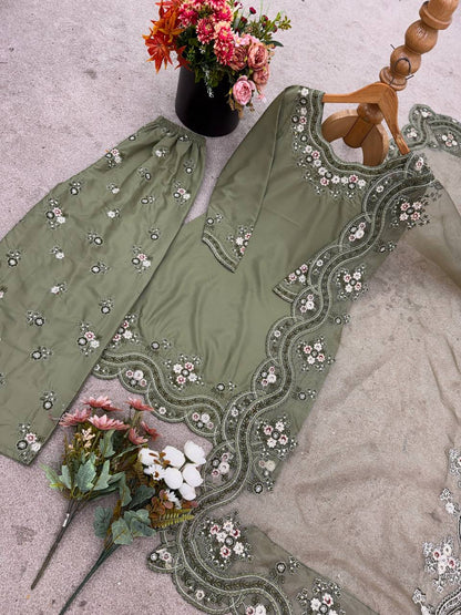 Pastel Green French Crepe Silk Top Bottom and Dupatta For Party Wear