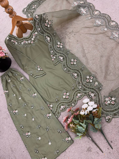Pastel Green French Crepe Silk Top Bottom and Dupatta For Party Wear