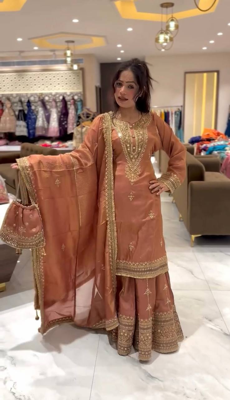 Peach Designer Pure Chinnon Silk Embroidery Palazzo Top and Dupatta