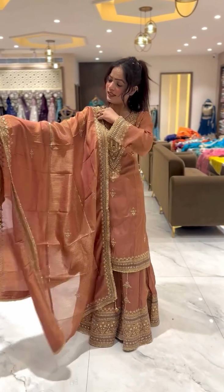 Peach Designer Pure Chinnon Silk Embroidery Palazzo Top and Dupatta