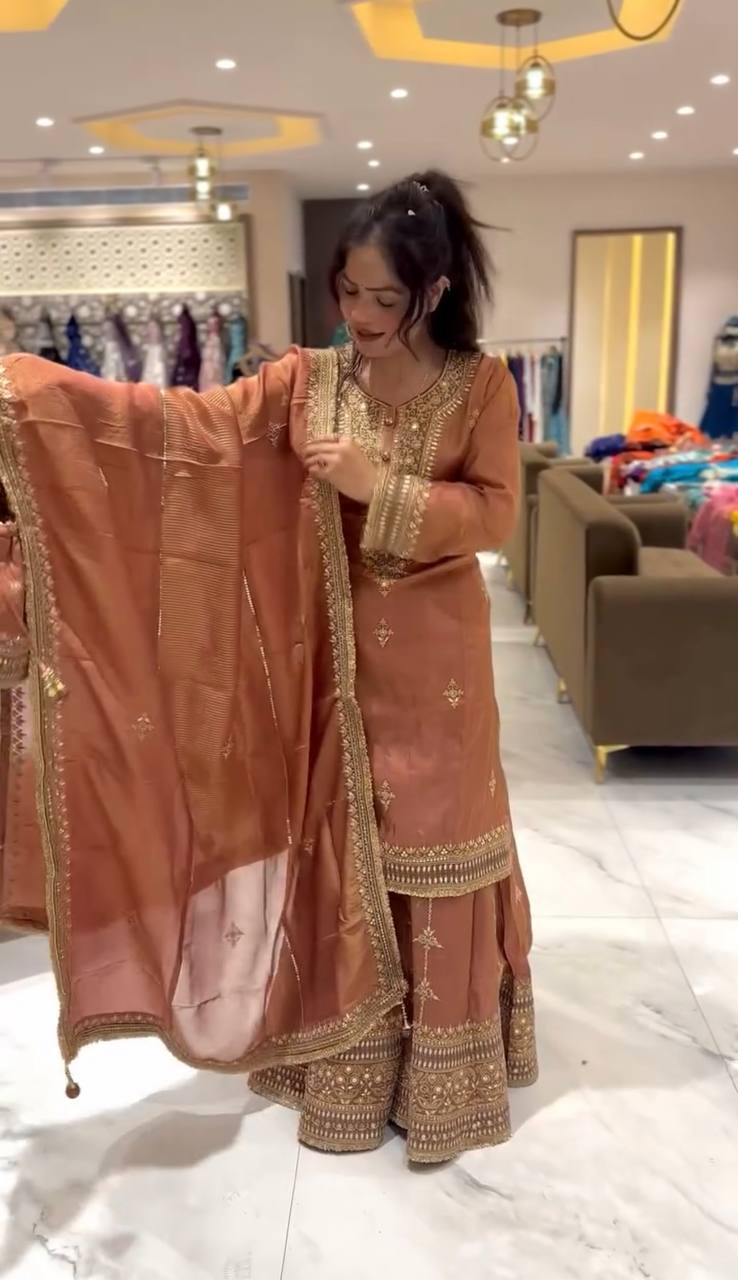 Peach Designer Pure Chinnon Silk Embroidery Palazzo Top and Dupatta