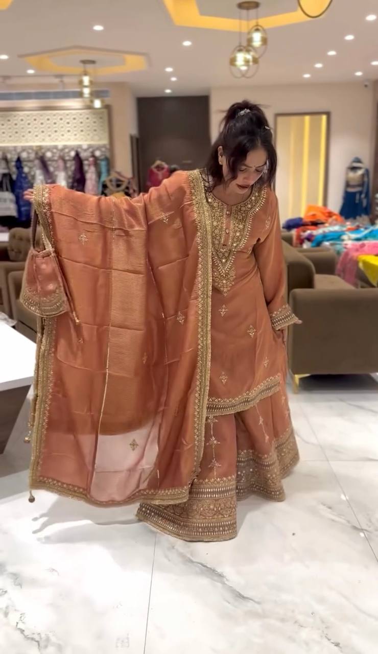 Peach Designer Pure Chinnon Silk Embroidery Palazzo Top and Dupatta