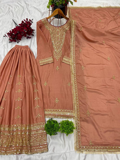 Peach Designer Pure Chinnon Silk Embroidery Palazzo Top and Dupatta