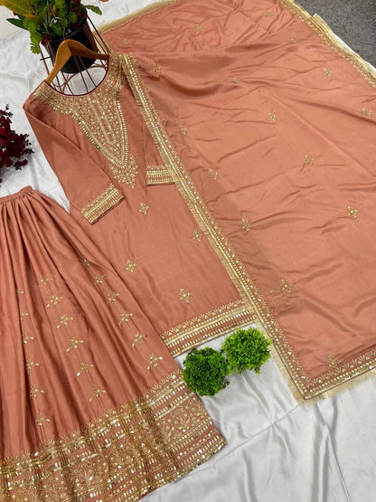 Peach Designer Pure Chinnon Silk Embroidery Palazzo Top and Dupatta