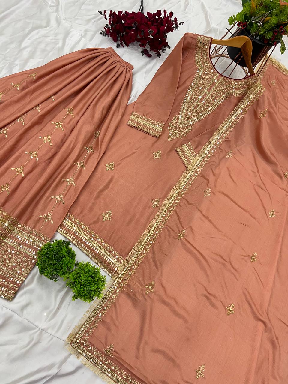 Peach Designer Pure Chinnon Silk Embroidery Palazzo Top and Dupatta