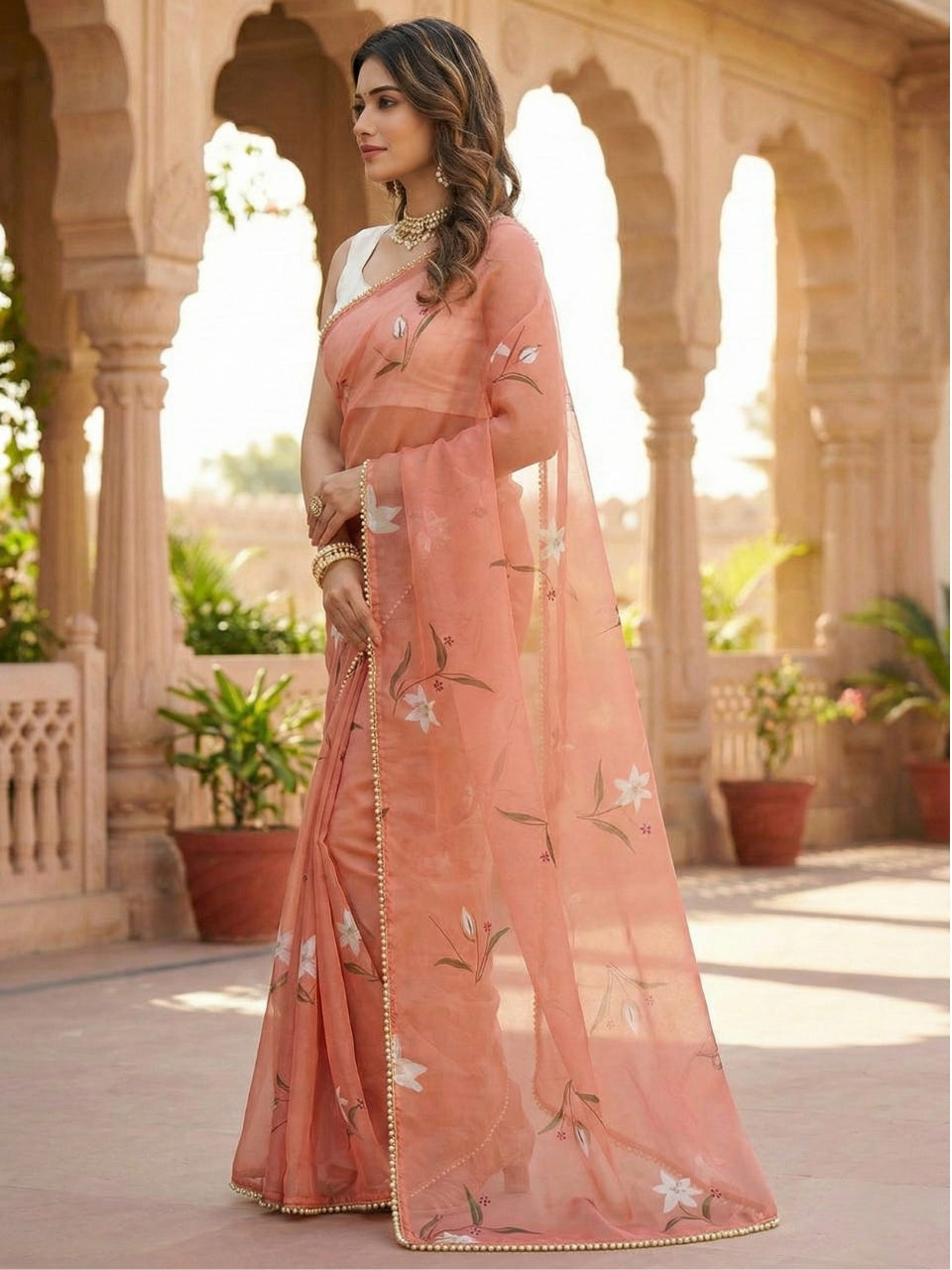 Peach Georgette Digital Print Saree with Moti Lace Border & Blouse