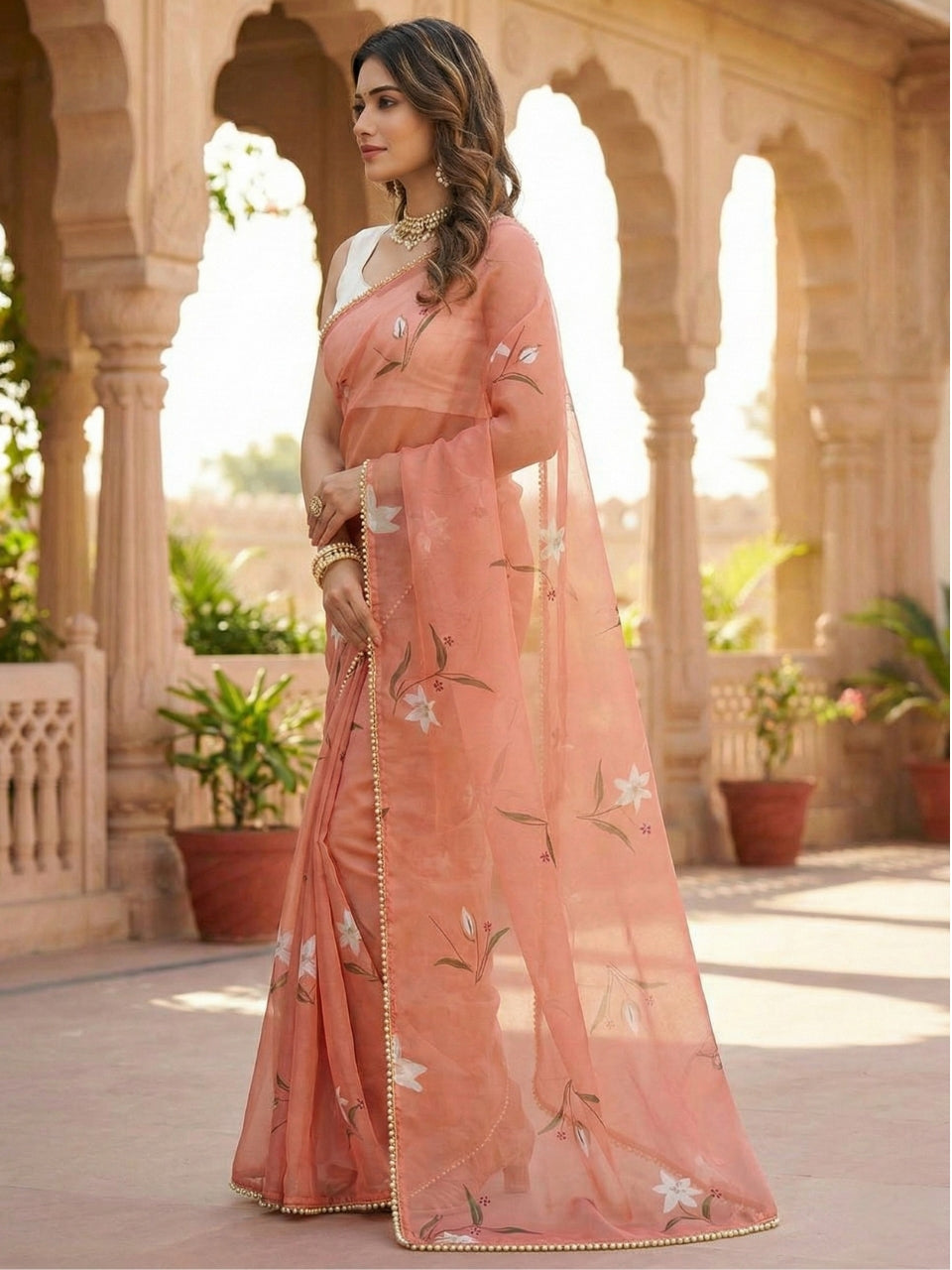 Peach Georgette Digital Print Saree with Moti Lace Border & Blouse