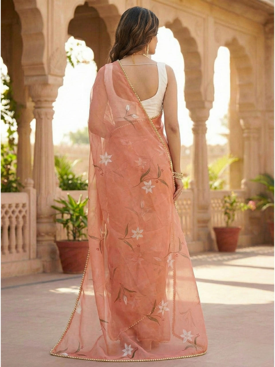 Peach Georgette Digital Print Saree with Moti Lace Border & Blouse