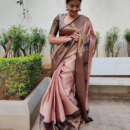 Peach Kanchipuram Silk Saree with Chex & Contrasting Blouse
