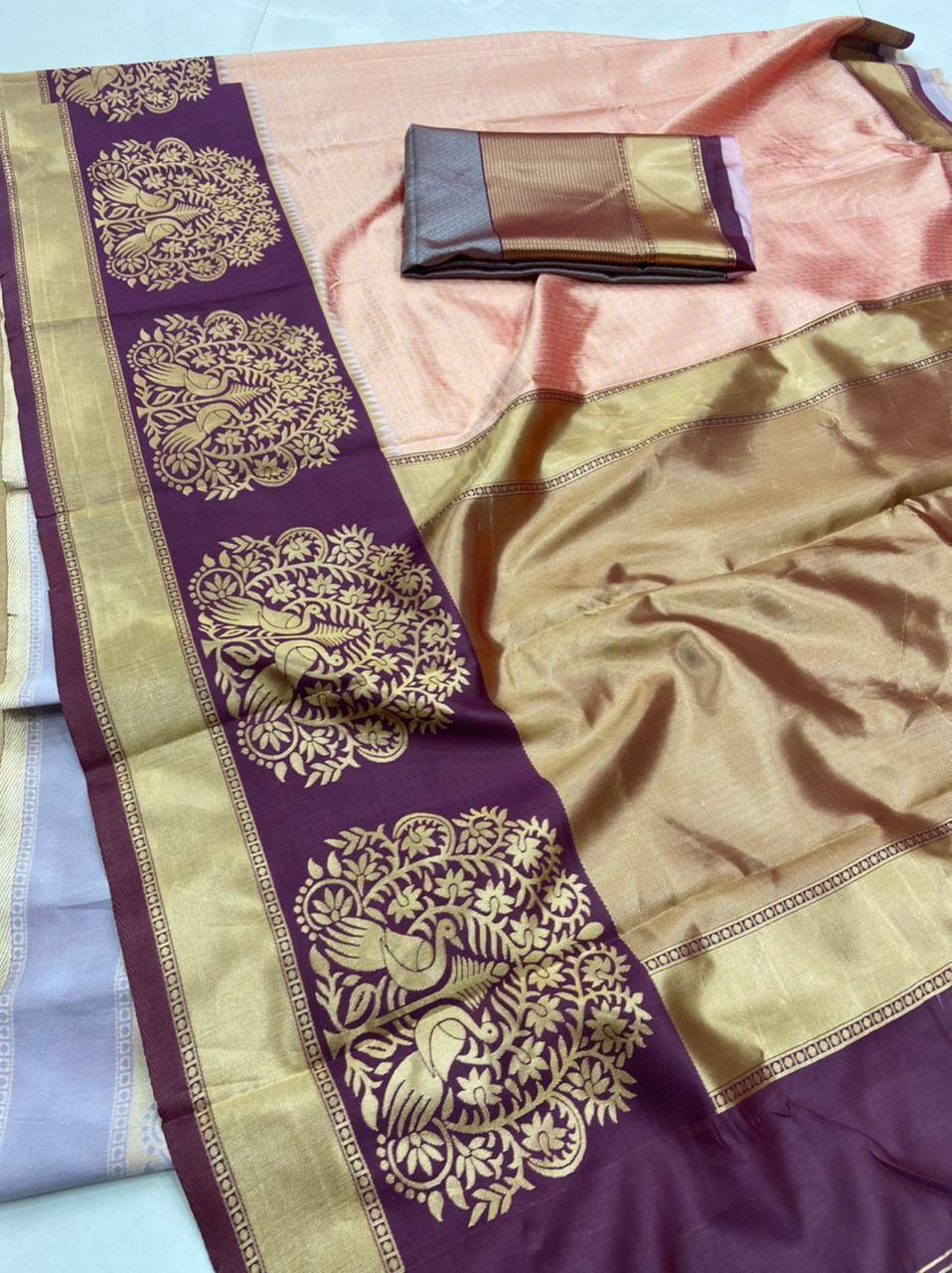 Peach Kanchipuram Silk Saree with Chex & Contrasting Blouse