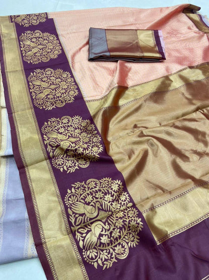 Peach Kanchipuram Silk Saree with Chex & Contrasting Blouse
