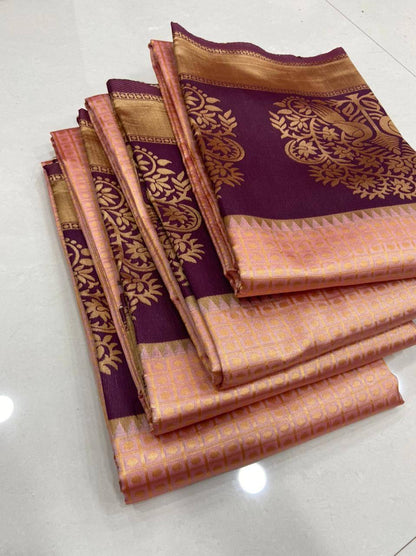 Peach Kanchipuram Silk Saree with Chex & Contrasting Blouse