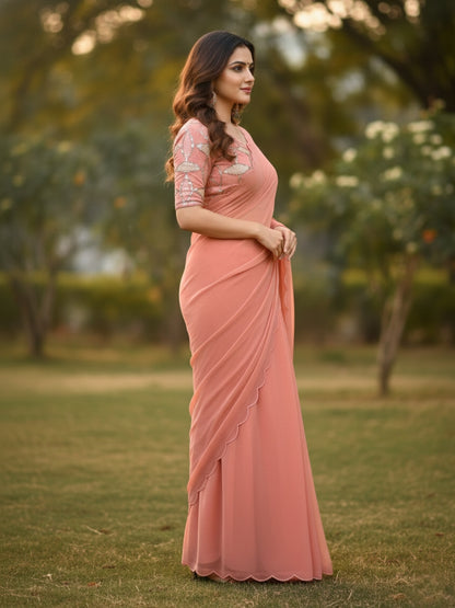 Peach Smooth Georgette Saree with Aari Border & Embroidery Blouse