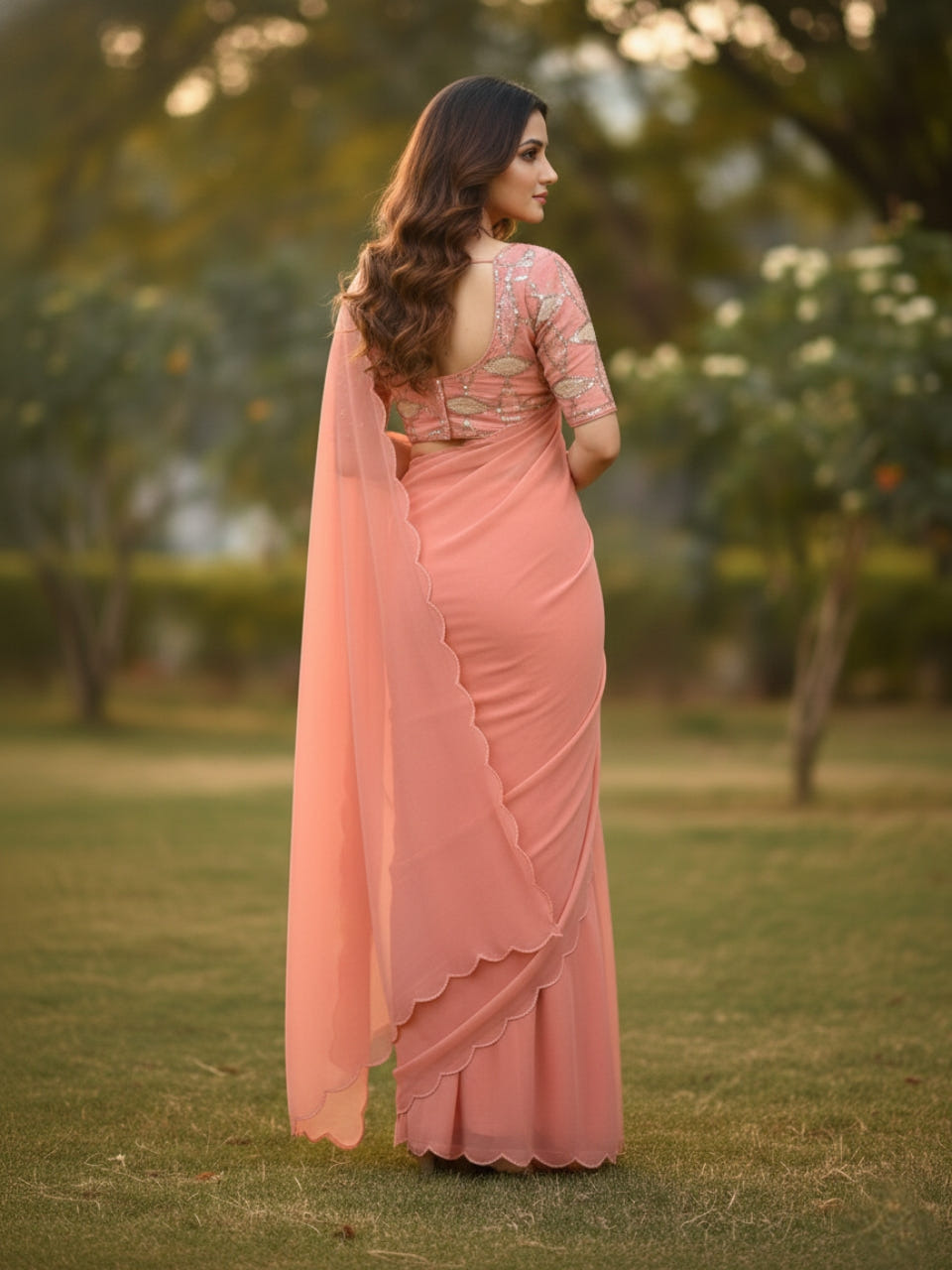 Peach Smooth Georgette Saree with Aari Border & Embroidery Blouse