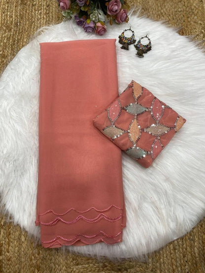 Peach Smooth Georgette Saree with Aari Border & Embroidery Blouse