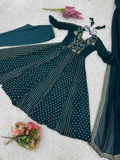  Peacock Teal Blue Designer Crunchy Silk Anarkali Gown and Dupatta