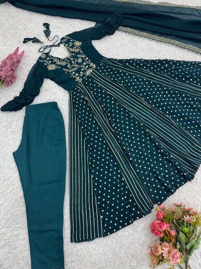  Peacock Teal Blue Designer Crunchy Silk Anarkali Gown and Dupatta