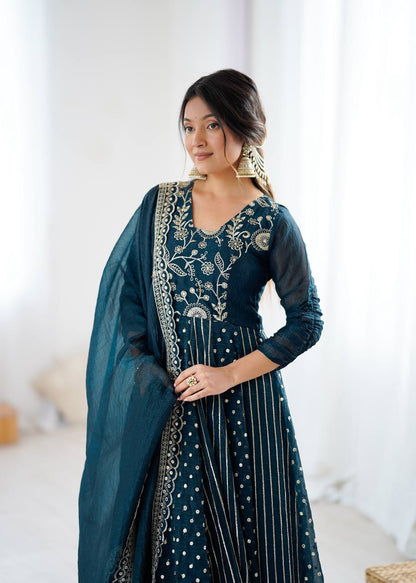  Peacock Teal Blue Designer Crunchy Silk Anarkali Gown and Dupatta