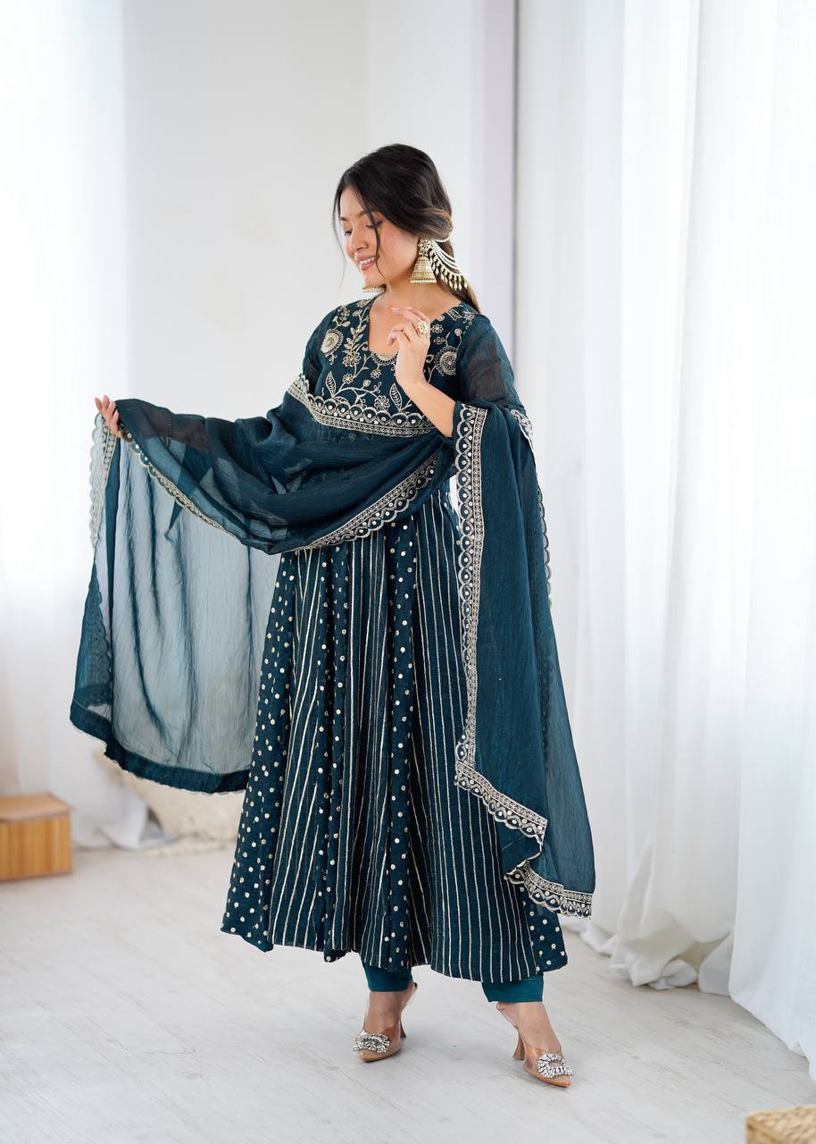  Peacock Teal Blue Designer Crunchy Silk Anarkali Gown and Dupatta