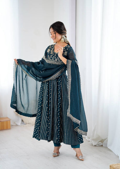  Peacock Teal Blue Designer Crunchy Silk Anarkali Gown and Dupatta