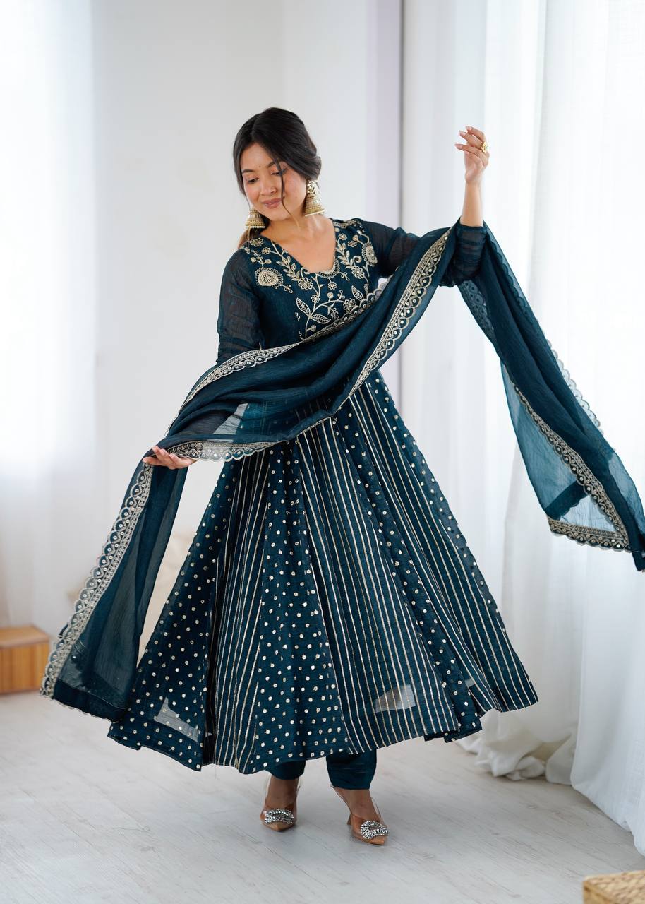  Peacock Teal Blue Designer Crunchy Silk Anarkali Gown and Dupatta
