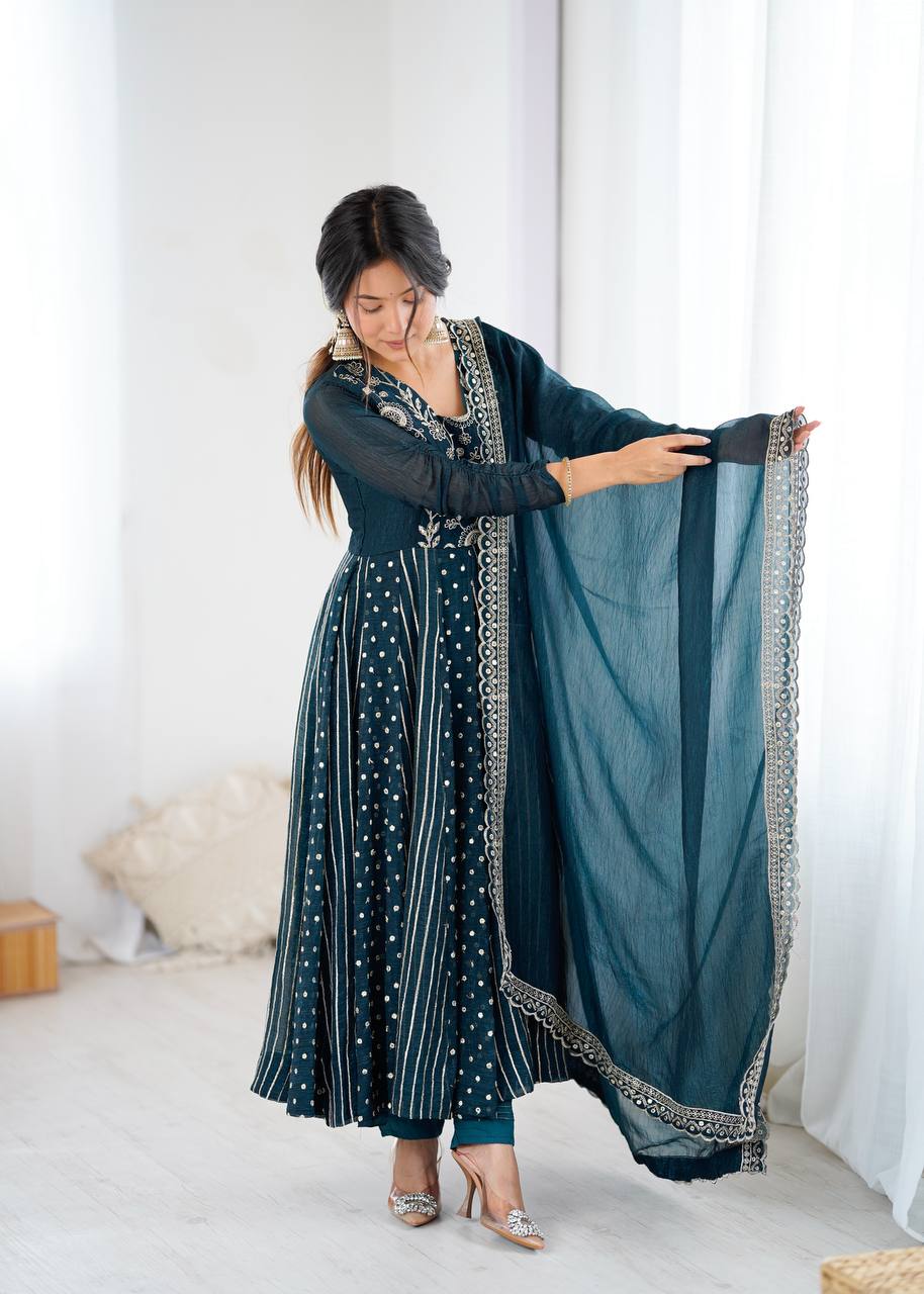  Peacock Teal Blue Designer Crunchy Silk Anarkali Gown and Dupatta