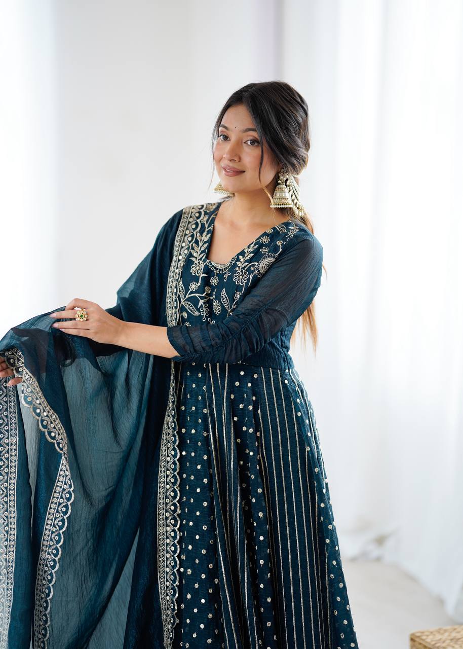  Peacock Teal Blue Designer Crunchy Silk Anarkali Gown and Dupatta