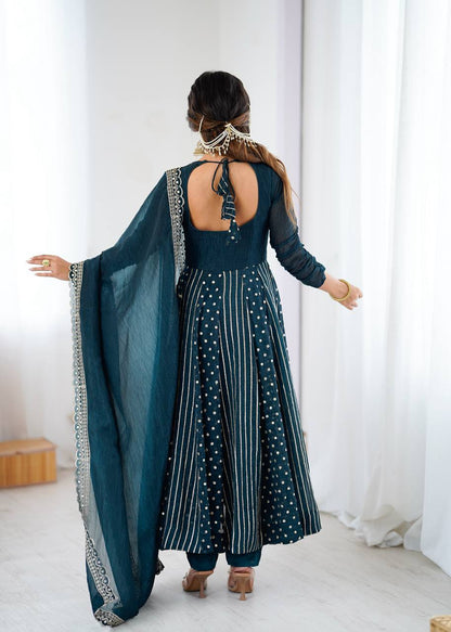  Peacock Teal Blue Designer Crunchy Silk Anarkali Gown and Dupatta