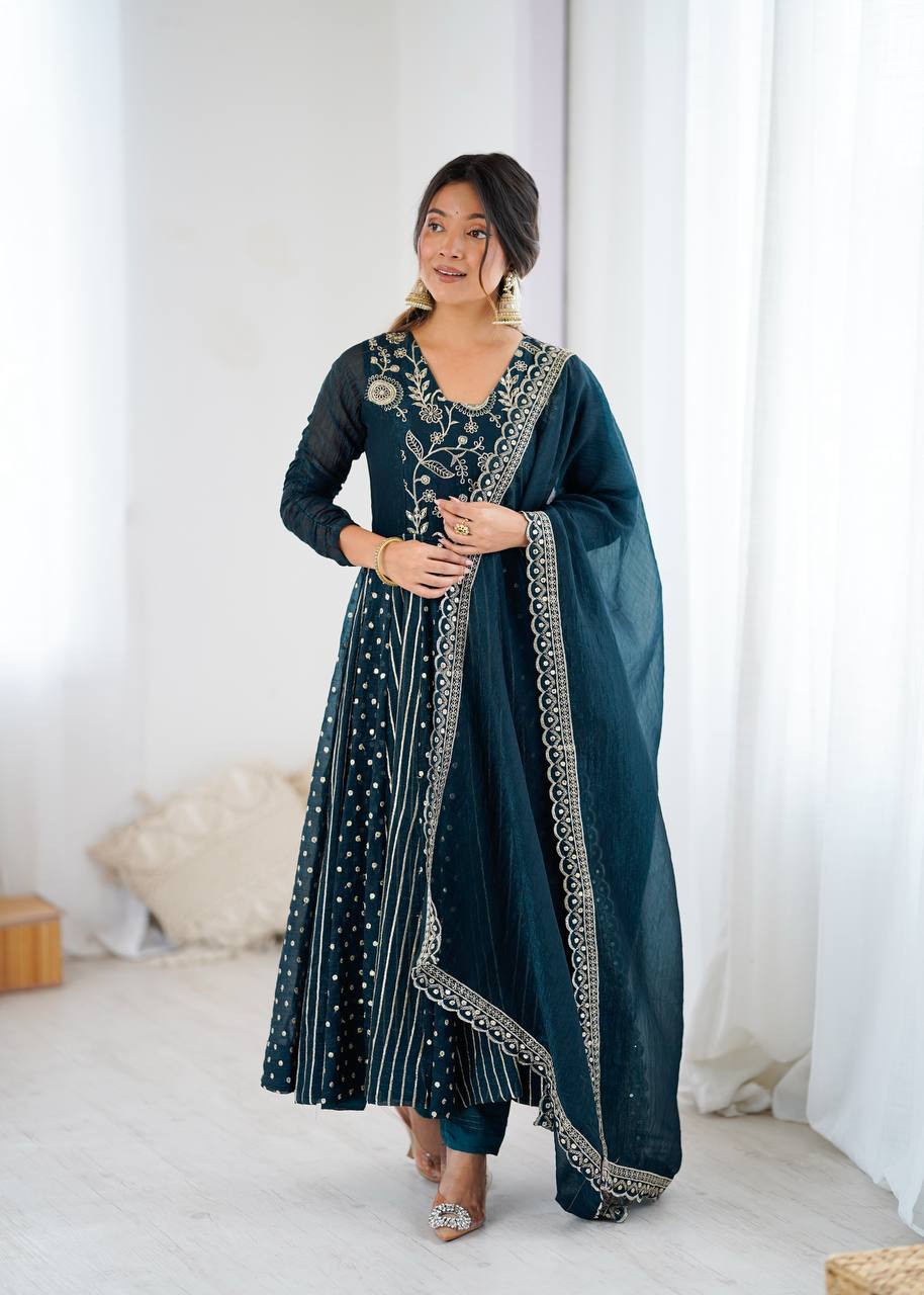  Peacock Teal Blue Designer Crunchy Silk Anarkali Gown and Dupatta