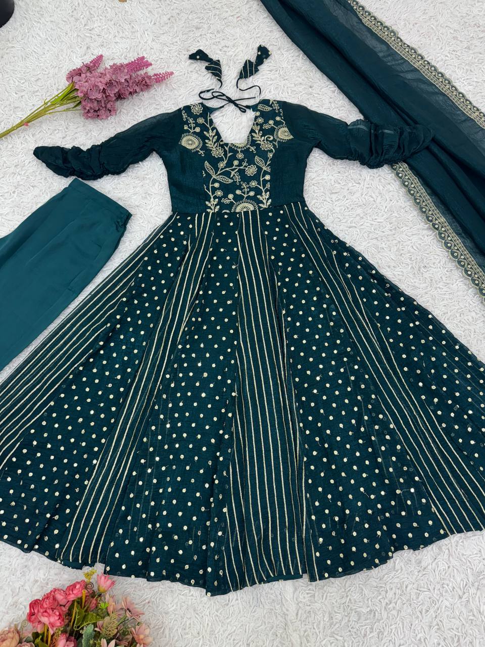  Peacock Teal Blue Designer Crunchy Silk Anarkali Gown and Dupatta