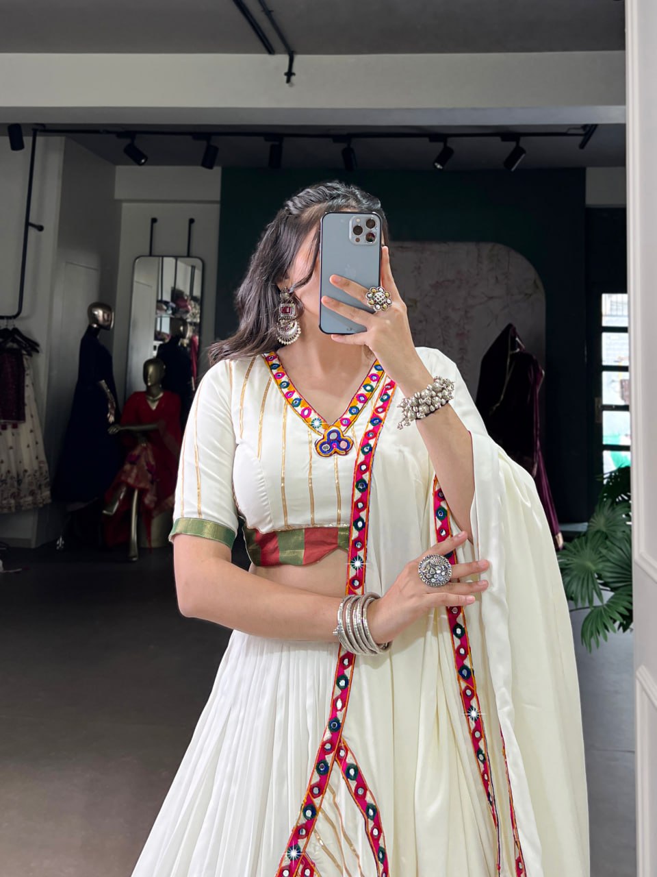 White Rayon Original Mirror Work Gamthi Lehenga Choli