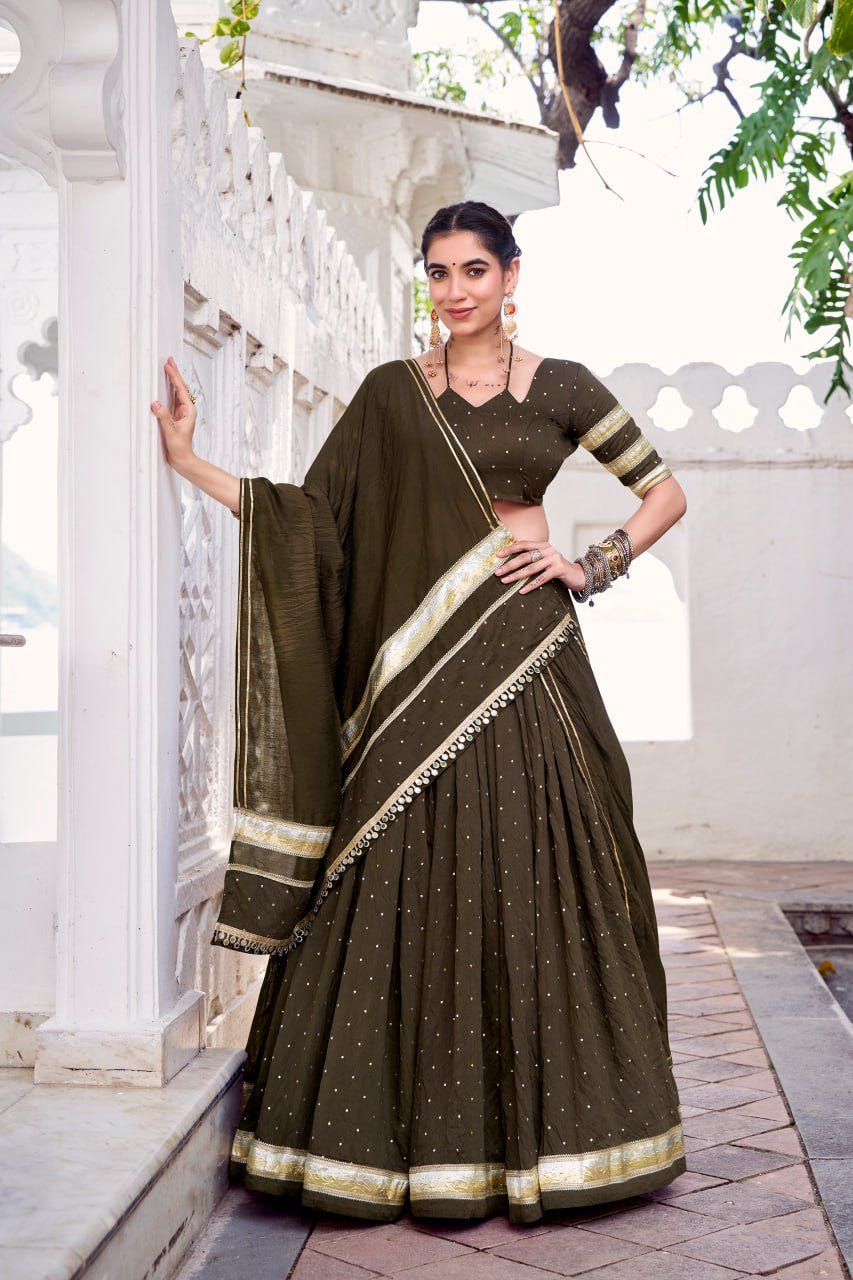 Olive Green  Pure Chanderi Silk Lehenga Choli With Zari Weaving & Lace Touch Up