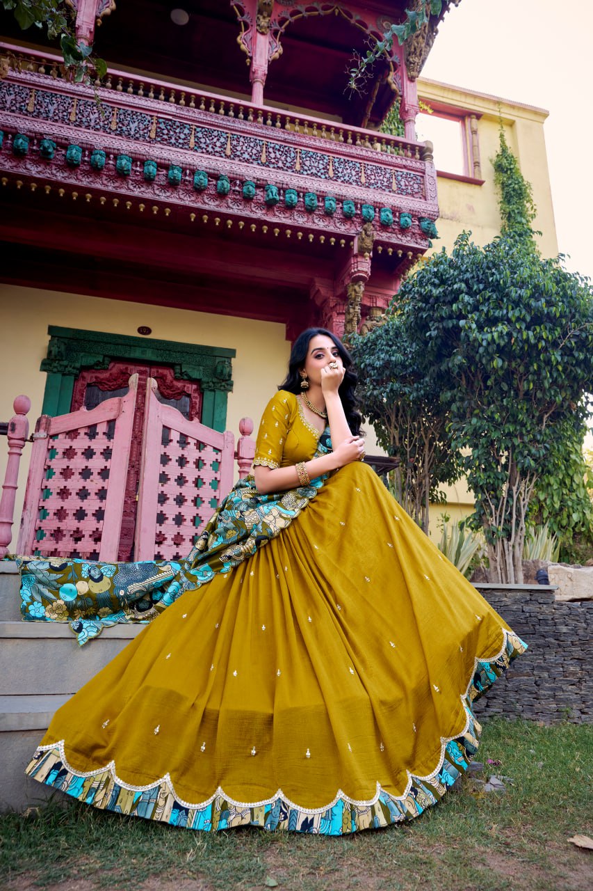 Mustard Designer Wedding Lehenga Choli with Foil Print & Dupatta
