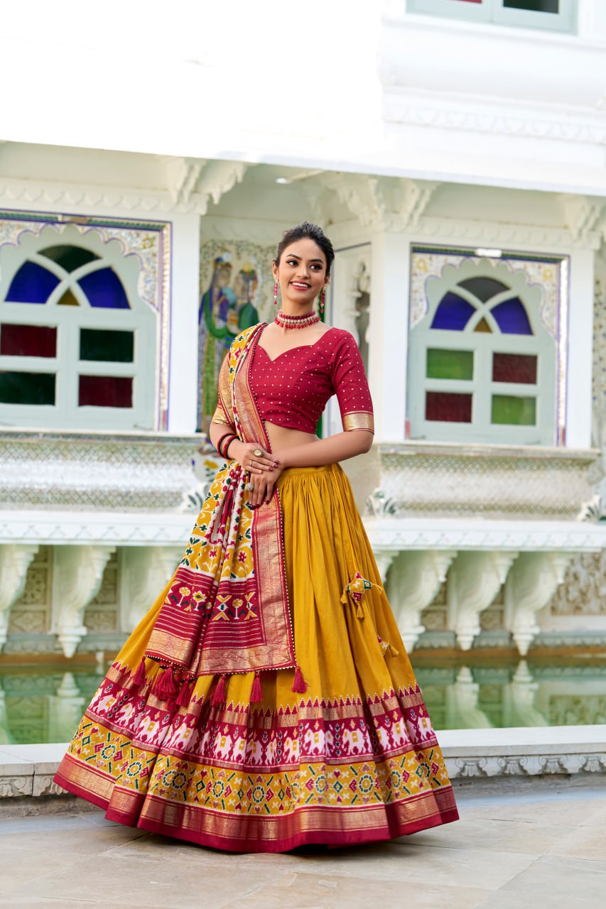 Tussar Silk Traditional Mustard Patola Print Chaniya Choli for Navratri with Foil Work & Gotta Patti Dupatta