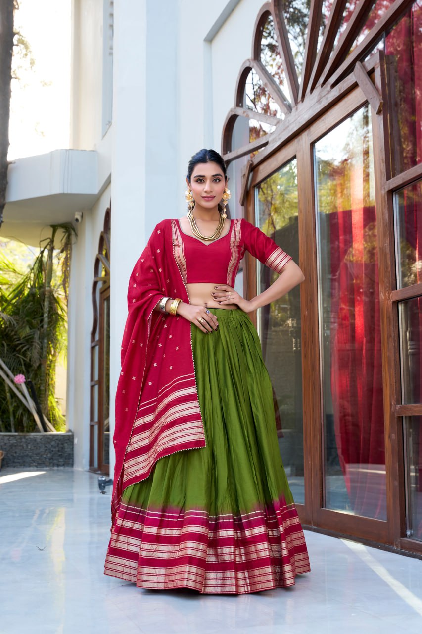 Designer Pure Chanderi Mehndi Green Bridal Lehenga Choli with Zari Weaving Work & Dupatta