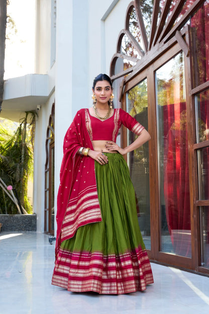 Designer Pure Chanderi Mehndi Green Bridal Lehenga Choli with Zari Weaving Work & Dupatta