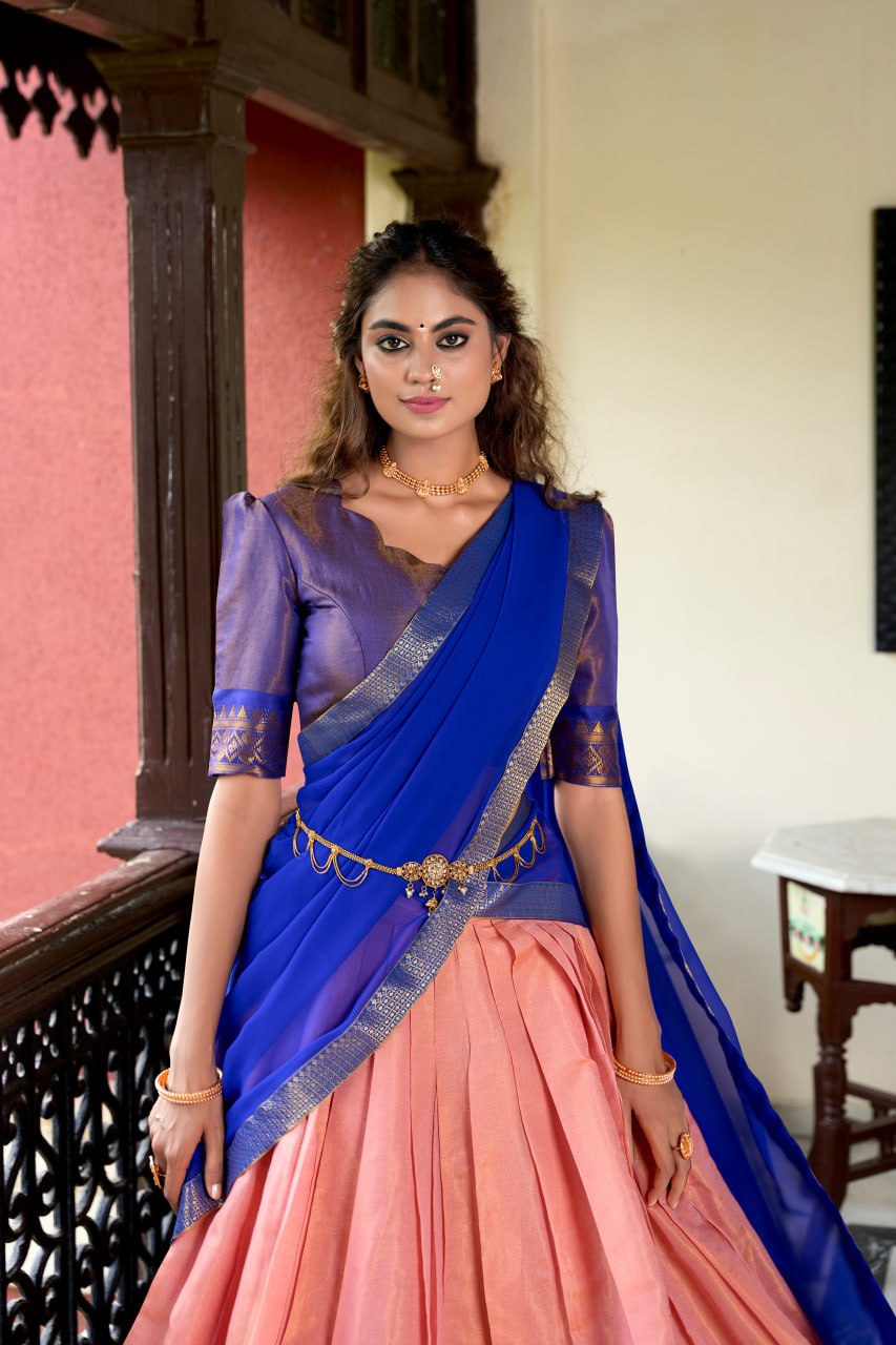 Peach Heritage Kanchipuram Silk Lehenga Choli with Zari Weaving & Dupatta
